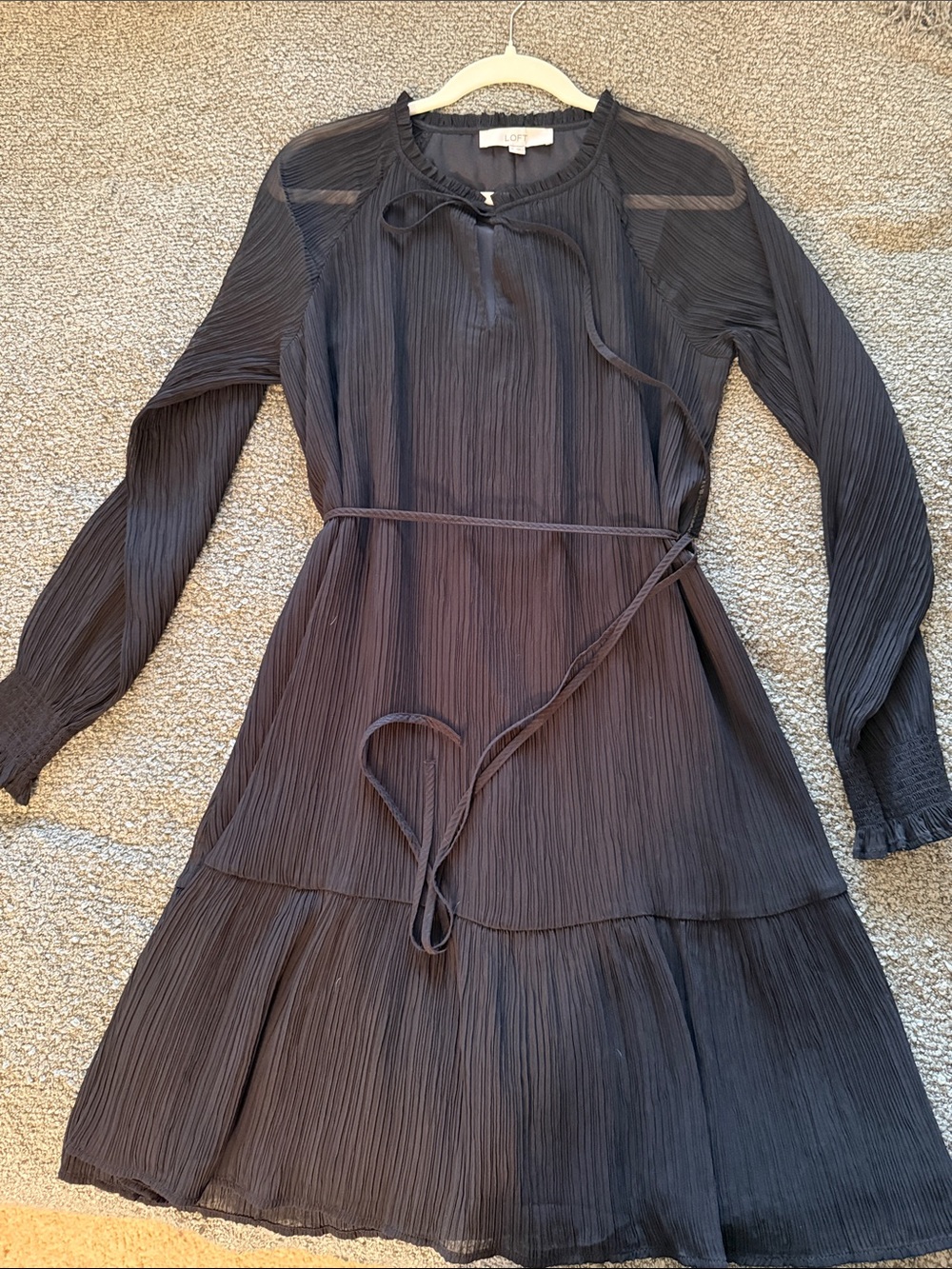 LOFT Black Pleated Long-Sleeve Tie-Waist Dress